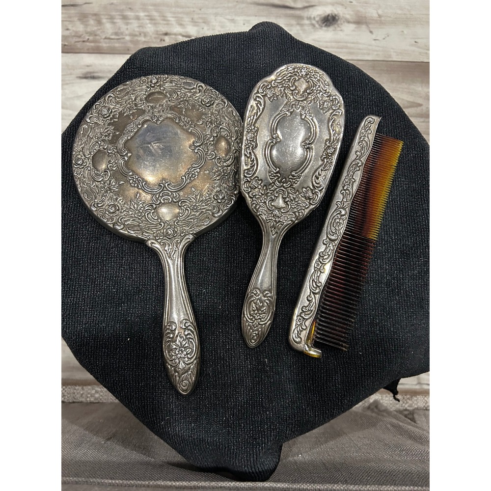 Silver Plated Vanity Set Vtg Hand Mirror Hair Brush Comb Victorian Art Nouveau